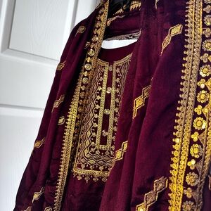 Elegant Maroon and Gold Embroidered party wear Dress